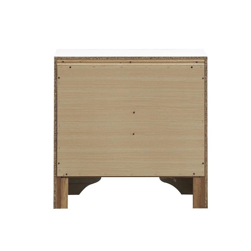 Modern wood nightstand with three drawers and metal handles