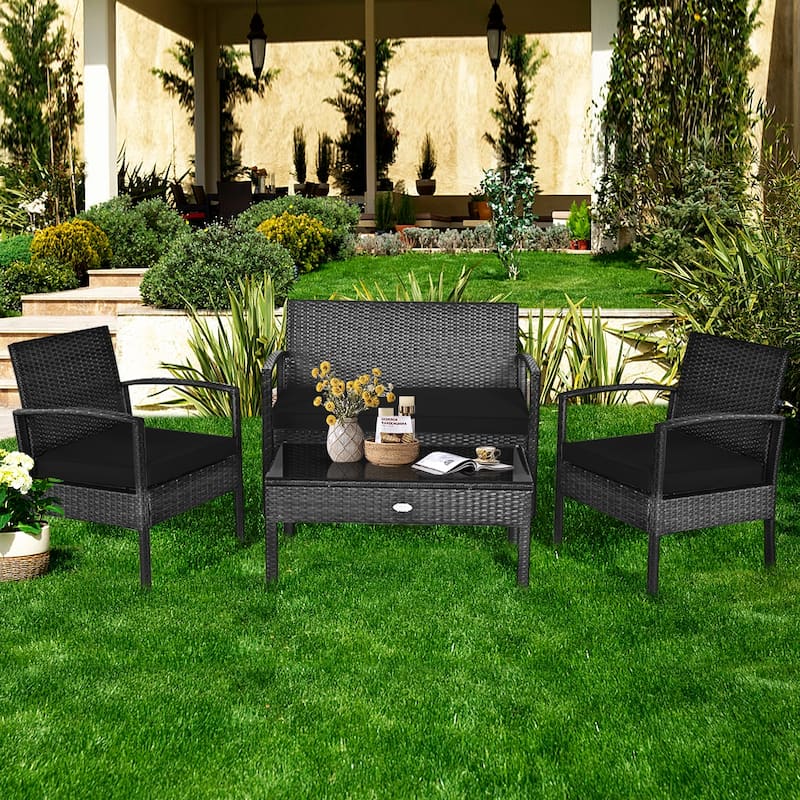 4-Piece PE Rattan Patio Furniture Set with Loveseat and 2 Chairs and Glass Table for Outdoor Use