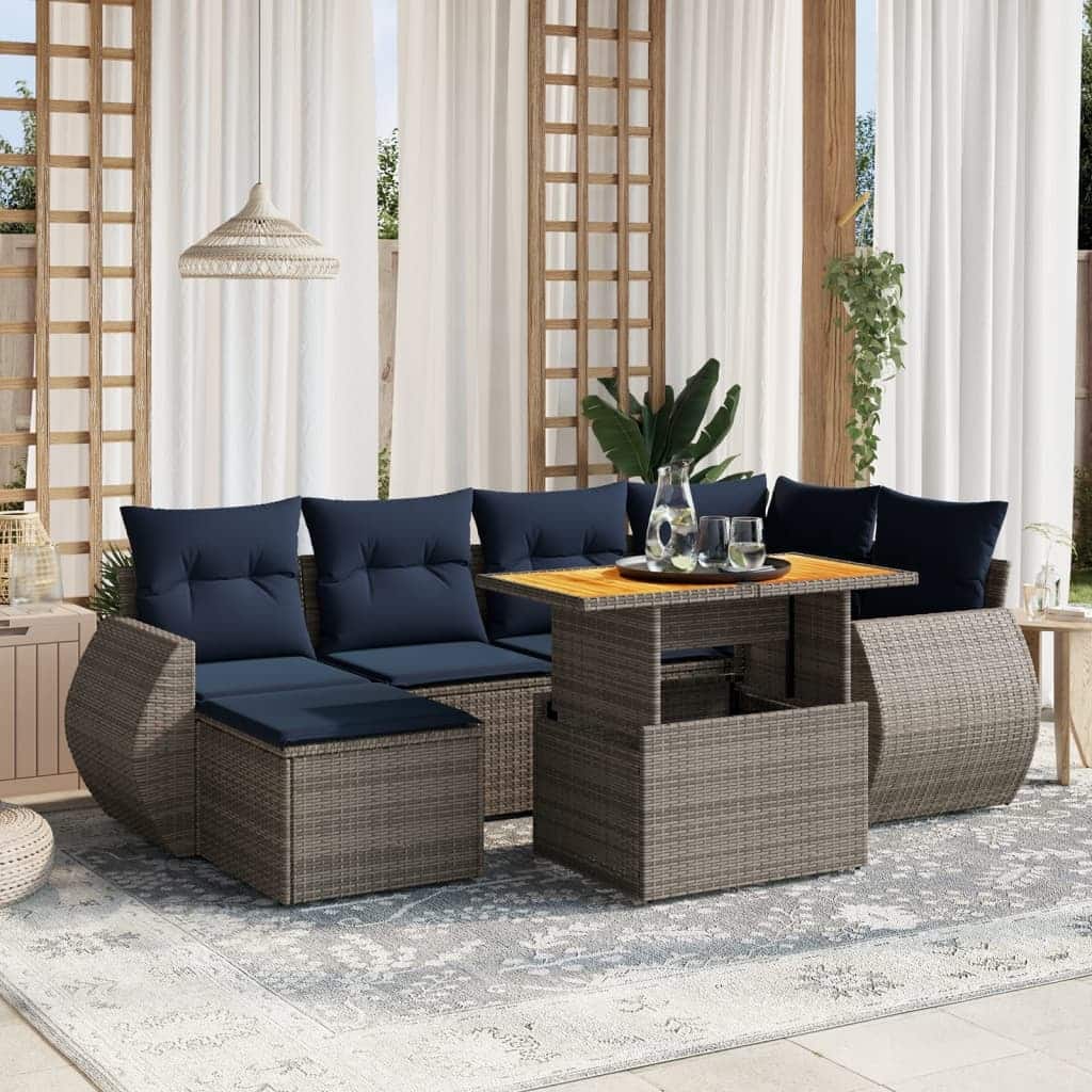 vidaXL Patio Sofa Set with Cushions Outdoor Furniture 7 Piece Poly Rattan - 21.7 x 24.4 x 27.2
