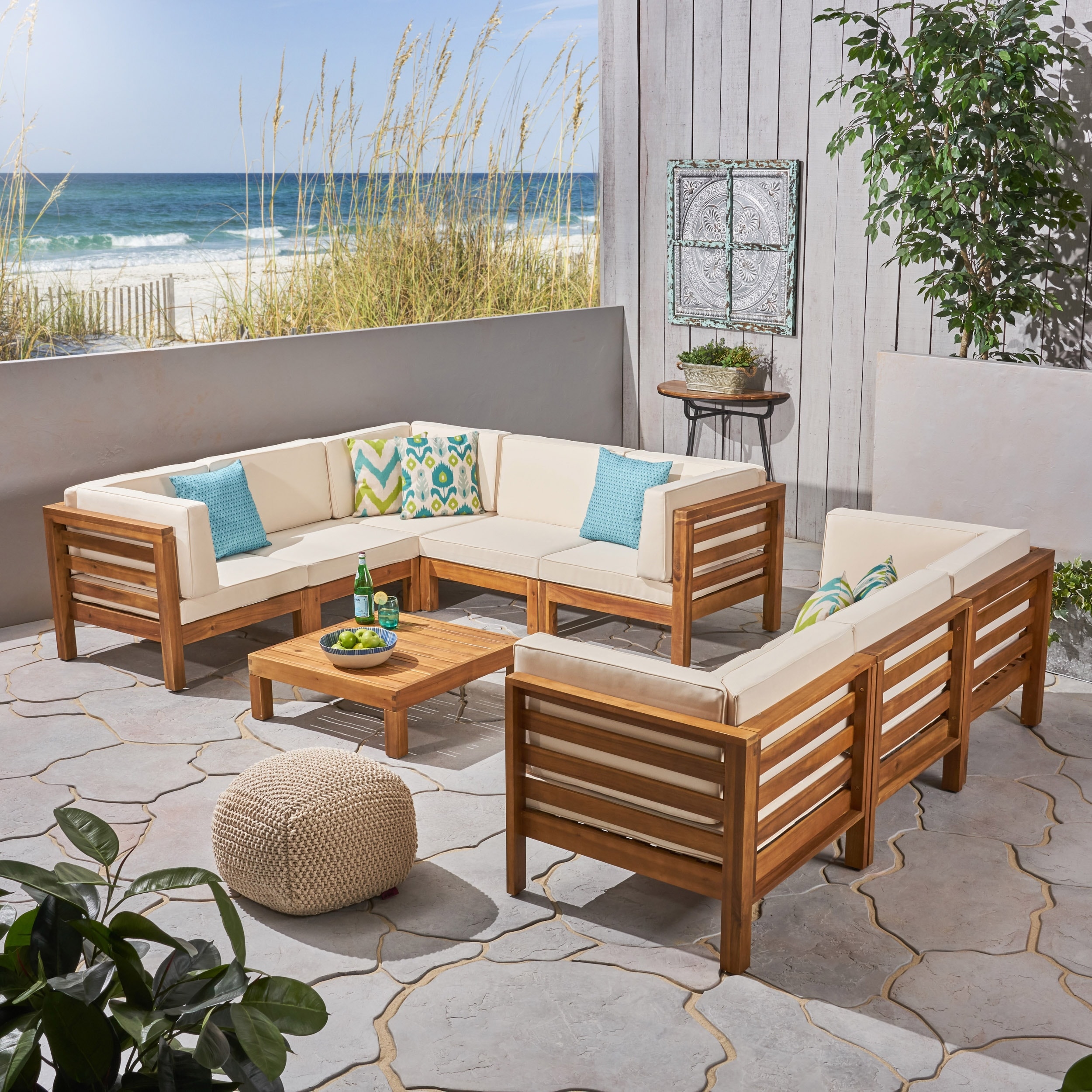 Oana Outdoor 9 Piece Acacia Wood Sectional Sofa Set with Coffee