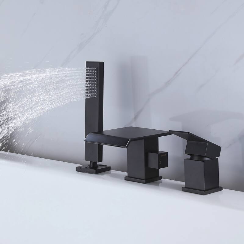 Deck Mounted Roman Tub Waterfall Faucet with Handshower in Matte Black