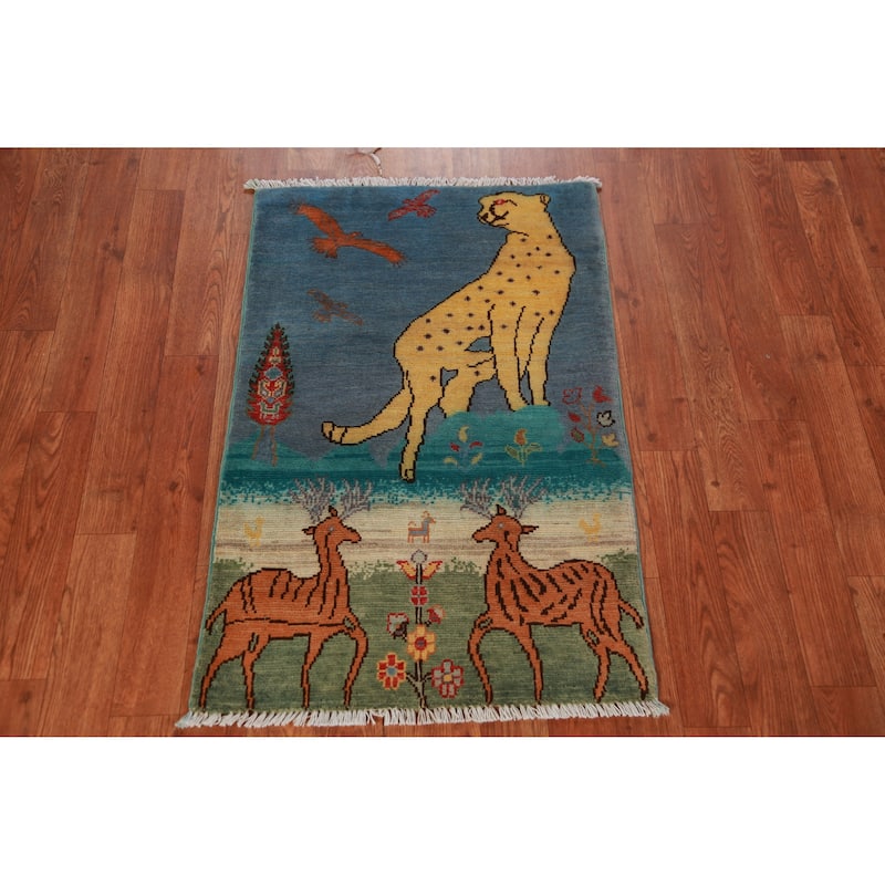 Hunting Animals Kazak Oriental Foyer Rug Hand-Knotted Wool Carpet - 2'0"x 3'0"
