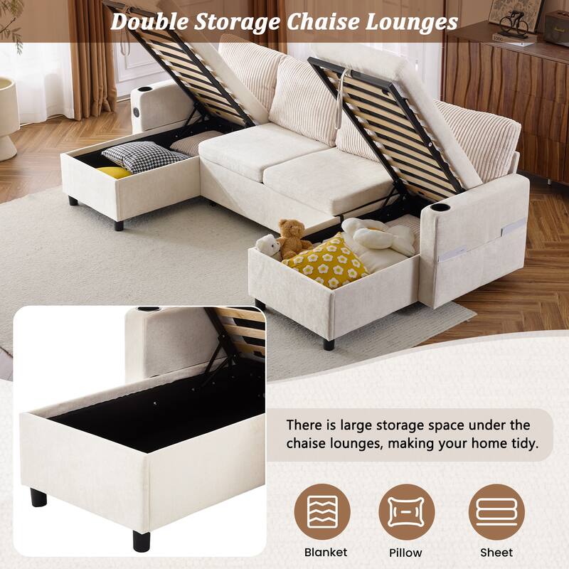 Roomfitters 113 Inch U-Shaped Sectional Sleeper Sofa with Storage Chaise and USB Ports, Chenille