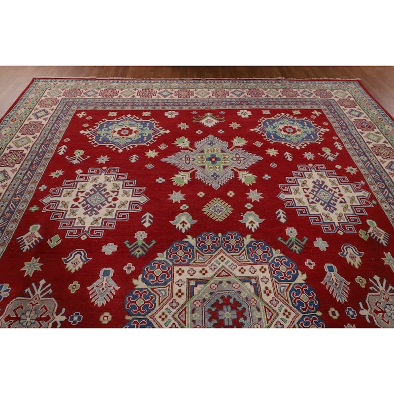 Geometric Red Large Kazak Oriental Area Rug Hand-Knotted Wool Carpet - 10'0" x 13'9"