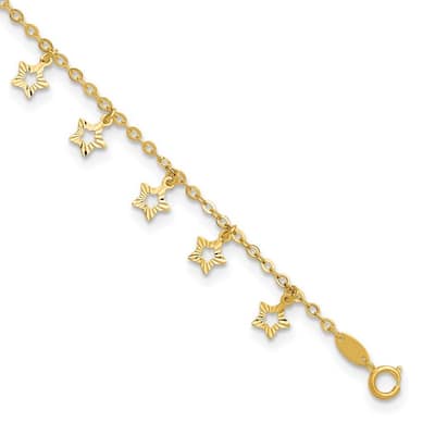 Curata Women's 14k Gold Polished and Textured Star Anklet - 10 Inch