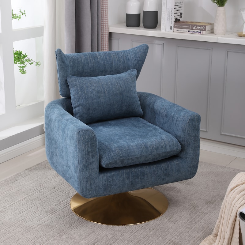 Blue Modern 29.9" Upholstered 360° Swivel Accent Chair with Iron Base and Pillow - Blue