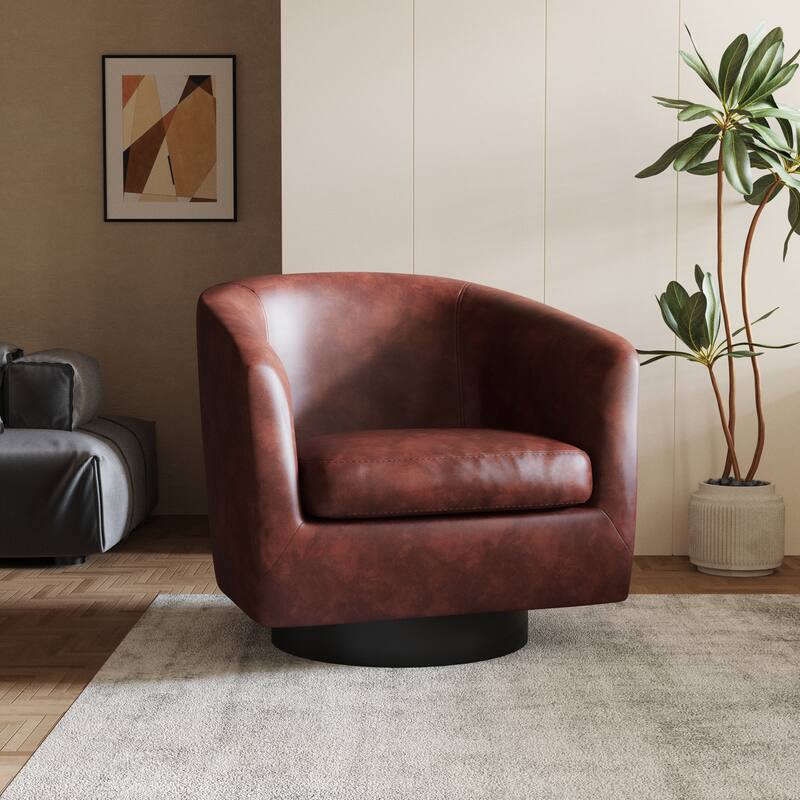 Round Barrel Armchair 360-Degree Swivel Accent Chairs - 31.1" x 29.15"x 29.15" - Red Brown(PU)