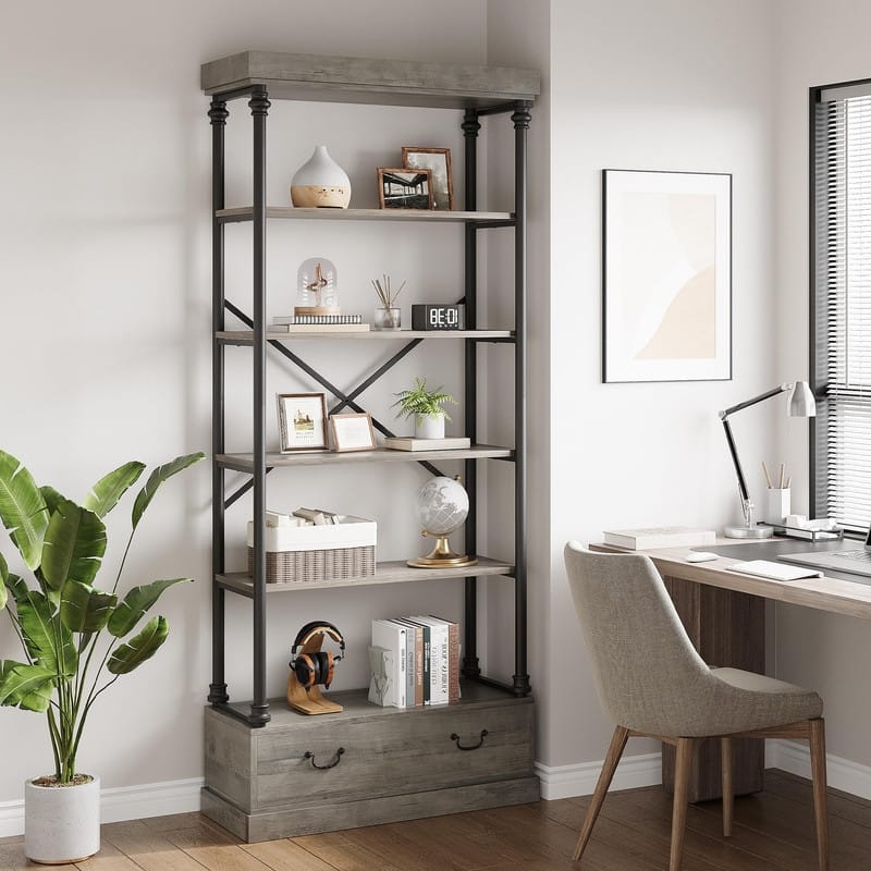 5-Tier Rustic Bookshelf with Metal Frame & Storage Drawer Open Bookcase