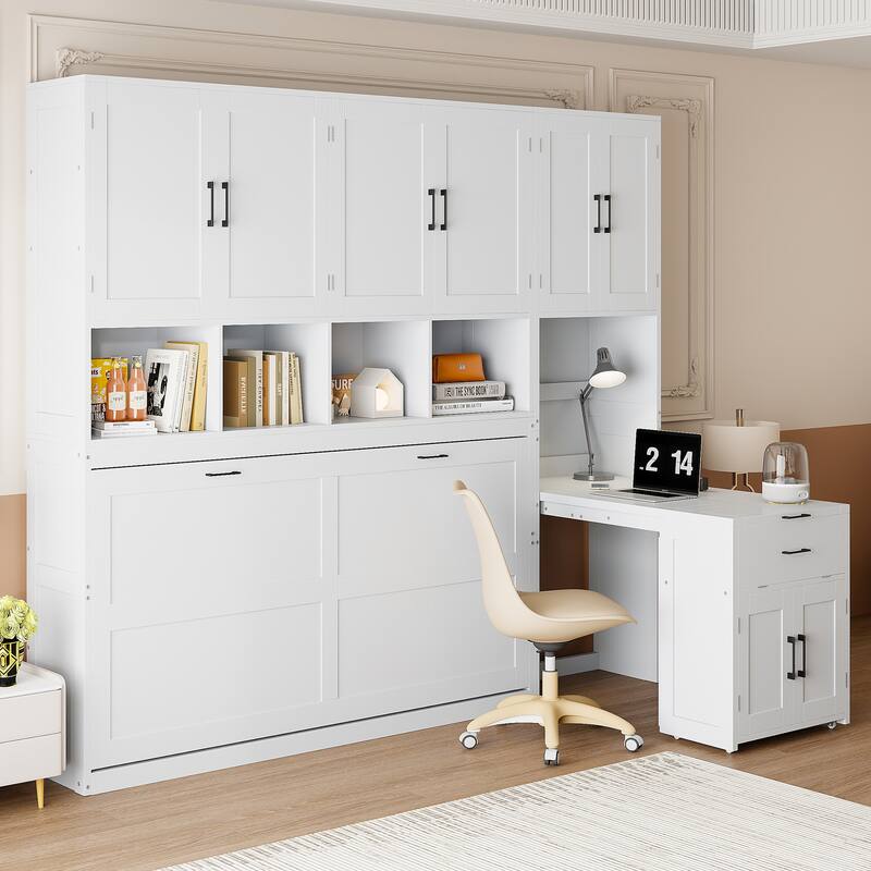Twin Size Wood Murphy Bed with Desk, Foldable Wall Bed with Closet and Open Shelves, Hidden Cabinet Bed Frame with Drawers