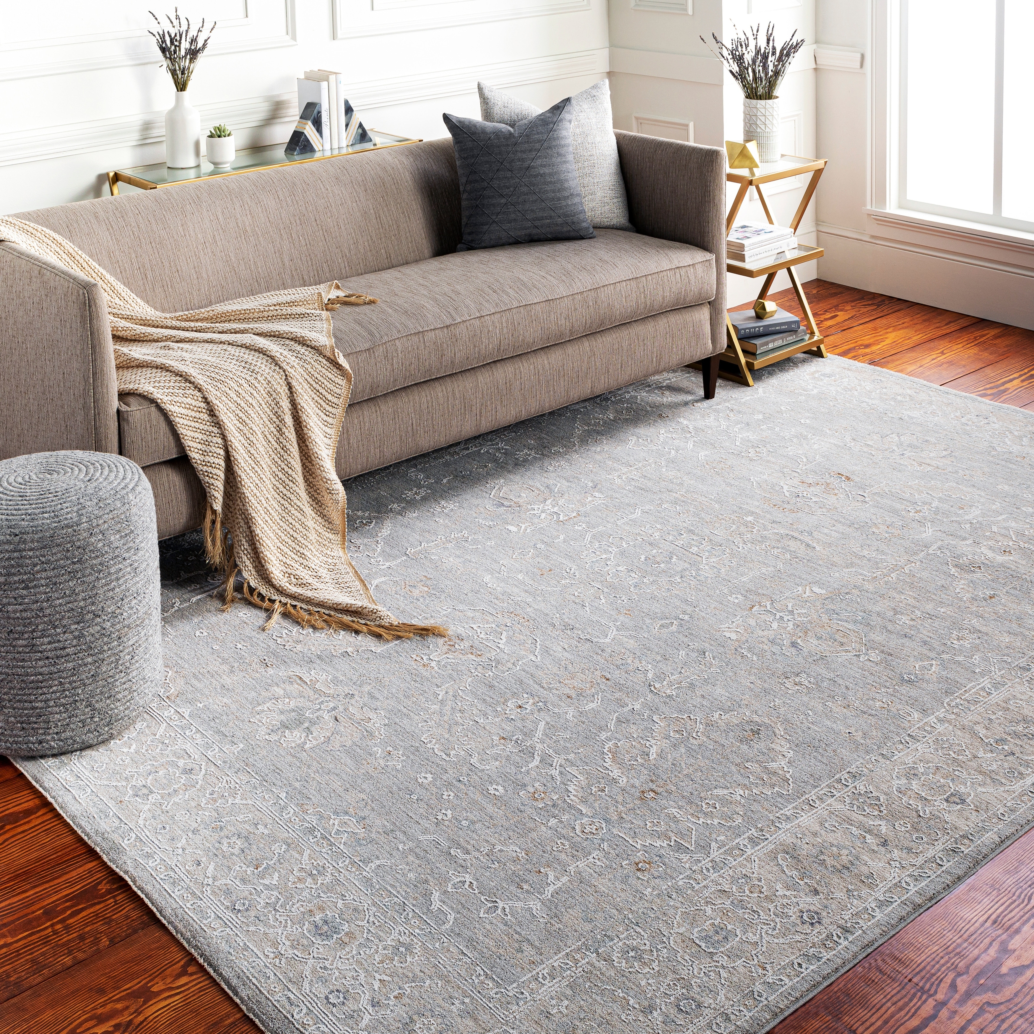 Coral and Grey Entryway Rug with Fringe