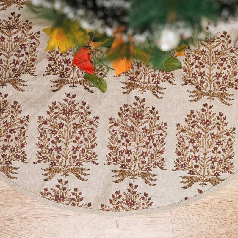 Fabdivine Hand Block Floral Soft Pure Linen Fabric Home Décor Christmas Tree Skrit