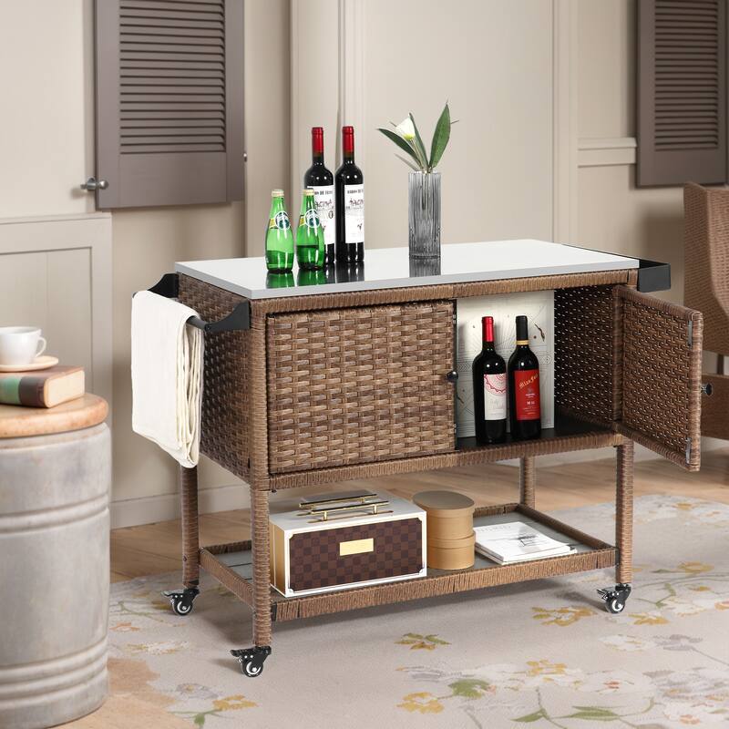 Outdoor Wicker Bar Cart, Patio Wine Serving Cart w/Wheels, Rolling Rattan Beverage Bar Counter Table w/Glass Top - Brown
