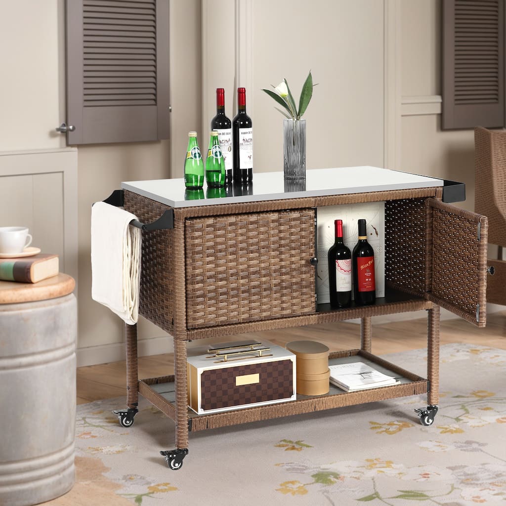 Outdoor Wicker Bar Cart, Patio Wine Serving Cart