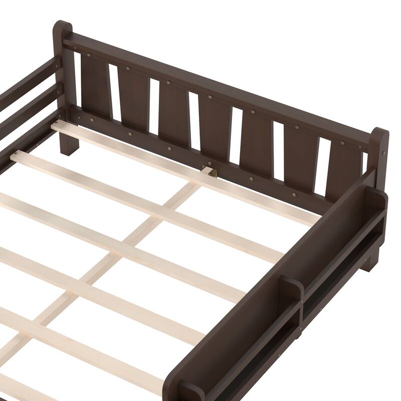 Full/Twin Floor Bed with Storage Bookcases & Cute Stairs - Solid Wood Kids Bed, No Box Spring