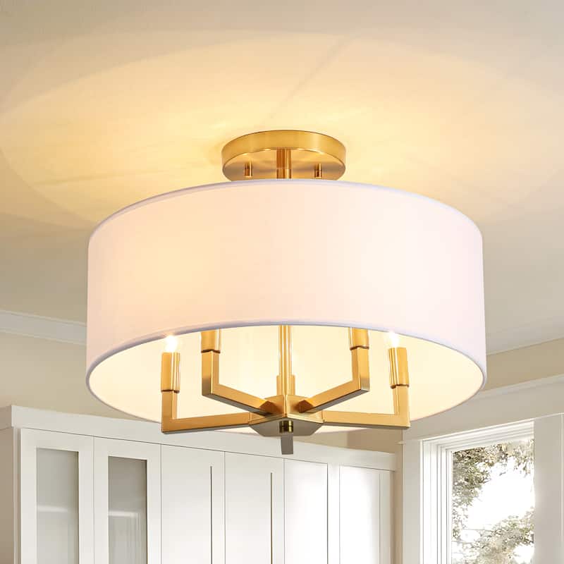 4-Light Mid-Century Modern Gold Semi-Flush Mount Light with White Drum Fabric Shade for Bedroom, Living Room - Gold/White - 15.8 in. H x 14.6 in. H x 15.8 in. D