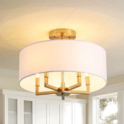 4-Light Mid-Century Modern Gold Semi-Flush Mount Light with White Drum Fabric Shade for Bedroom, Living Room