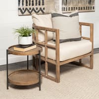tan fabric covered cushioned demi lune accent chair with wooden frame