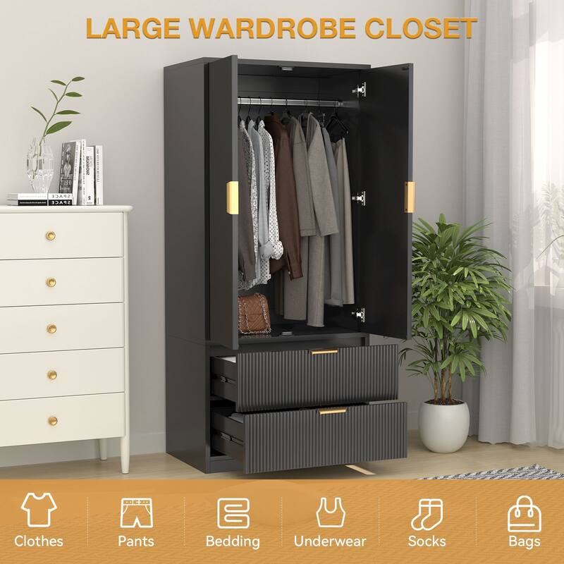 Meyreso Fluted Armoire Wardrobe Closet Storage Cabinet with 2 Doors & 2 Drawers - N/A