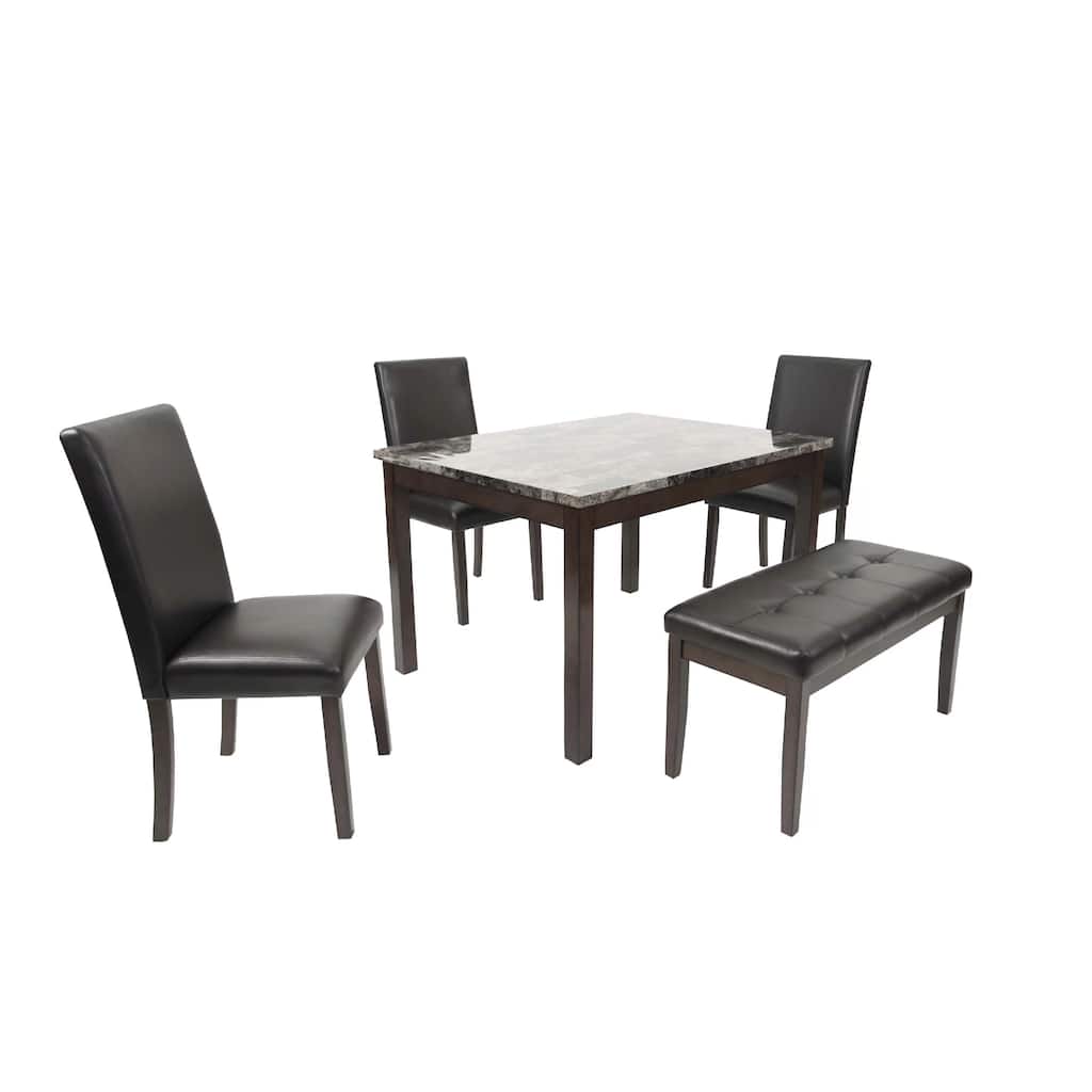 Wesley 5pc Dining Table Set, Black Faux-Leather, Faux Marble, Cherry Brown