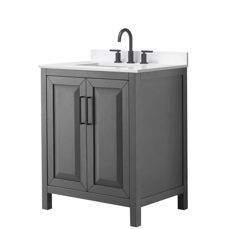 Daria 30-inch Single Vanity, 3 Hole Quartz Top - Dark Gray, Black Trim, White Quartz Top