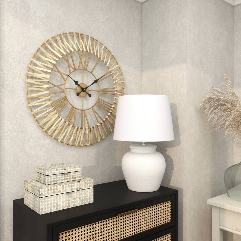 Brown Seagrass Woven Decorative Wall Clock with Gold Metal Frame
