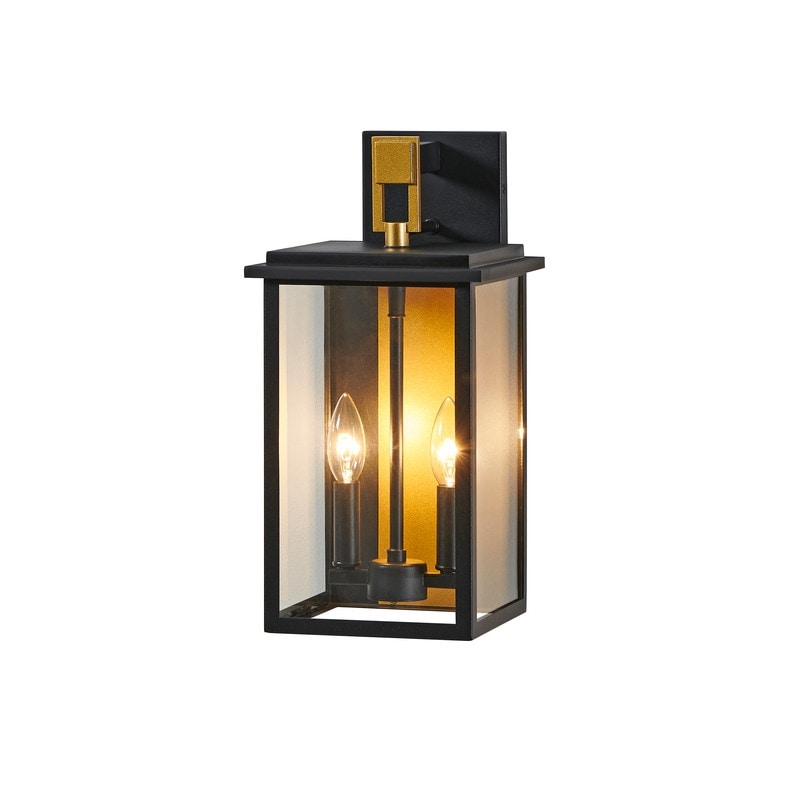 KAWOTI 2-Light Black and Gold Hardwired Outdoor Wall Lantern Sconce with Clear Tempered Glass - W8" * E8.75" * H16.125"