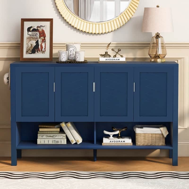 Modern 55.1" Storage Sideboard with 4-Doors, Multi Functional Buffet Table with Open Shelf and Adjustable Shelves - Navy Blue