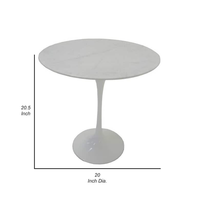 20 in. Marble White Round Metal End Table with Pedestal Base