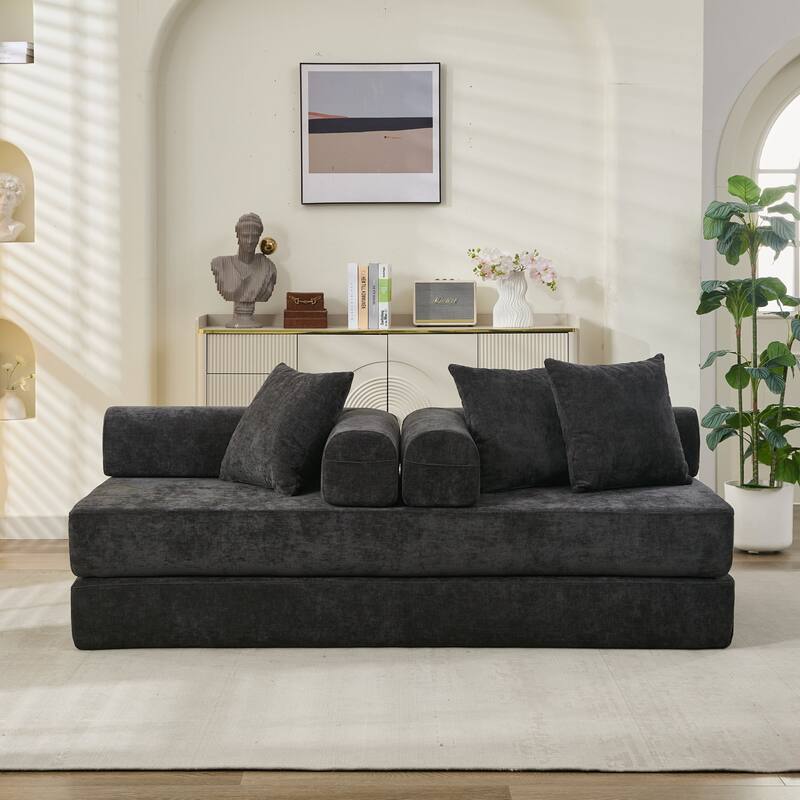 Chenille Folding Sofa Floor Sleeper Bed Chaise Lounger Couch 3-in-1 Comfy Mattress with Reversible Arm Pillows and Non-slip Pad