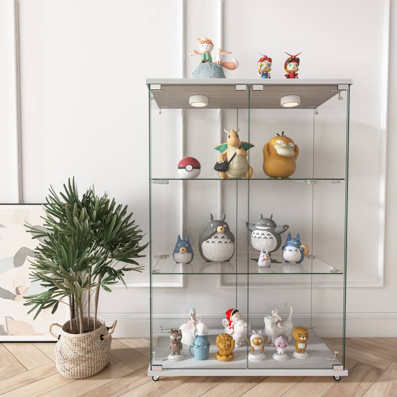Modern Glass Display Cabinet with LED lights, Quick-assembly Antique Cabinet, Tempered Glass Bookshelf - Transparent