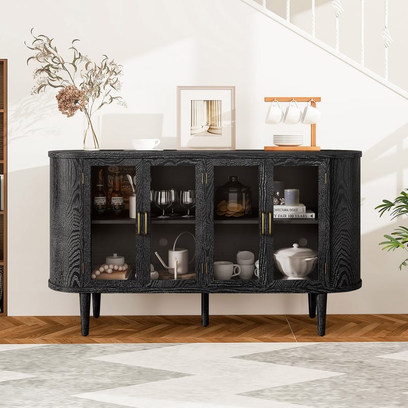 Farmhouse 60" Sideboard Cabinet with Glass Doors Adjustable Shelves for Stylish Kitchen Storage - Black
