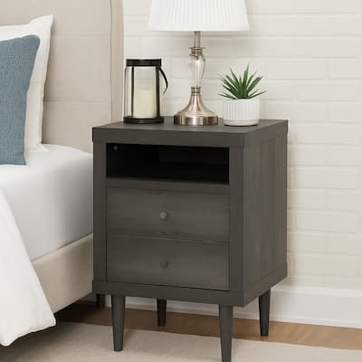 Minie Nightstand with 2 Drawers, Shelf, Rubberwood Legs, Dark Gray