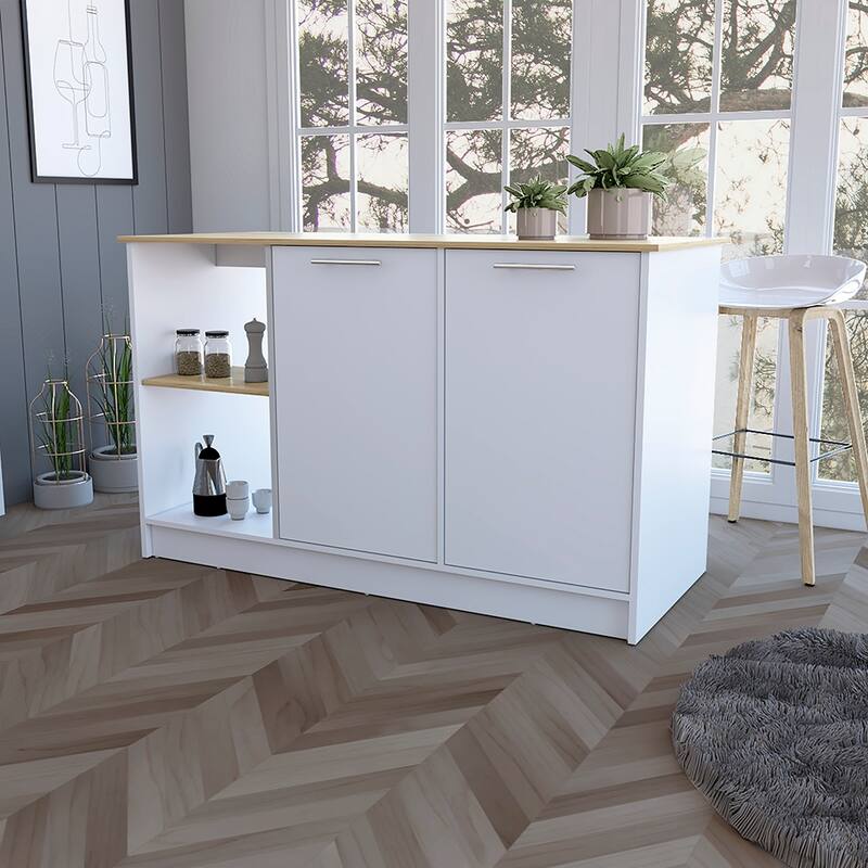 59" Kitchen Island with Large Countertop, Double-Door Cabinets, and Open Shelves, Ideal for Storage & Workspace