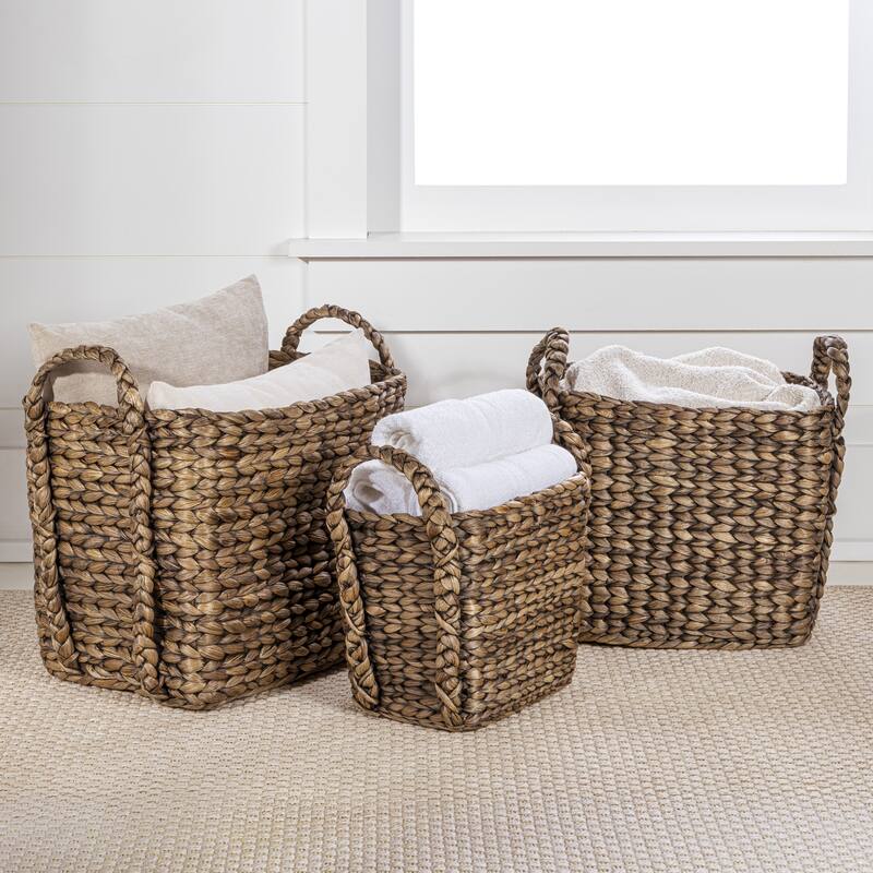 Handwoven Rectangle Storage Floor Baskets with Handles (Set of 3) - Brown
