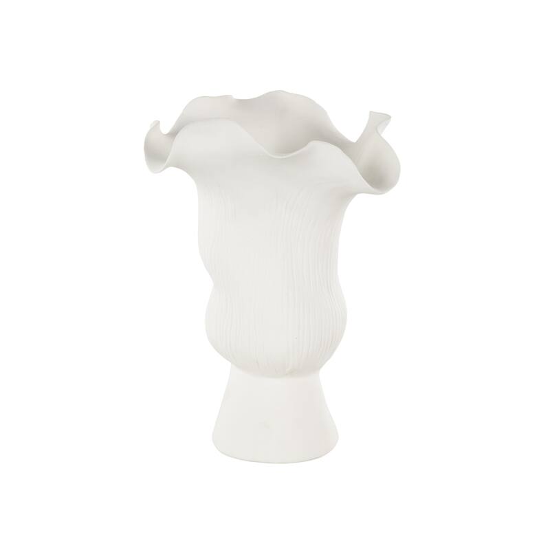 Ceramic Abstract Floral Inspired Vase with Wavy Folded Rim and Linear Grooves - White or Black - Roche River Decor