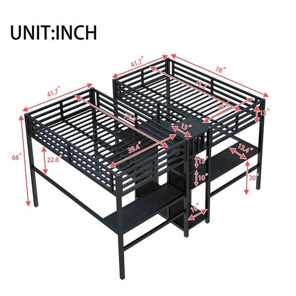 Black Twin Over Twin Loft Bed with Double Desk Wardrobe Shelves Power Outlet