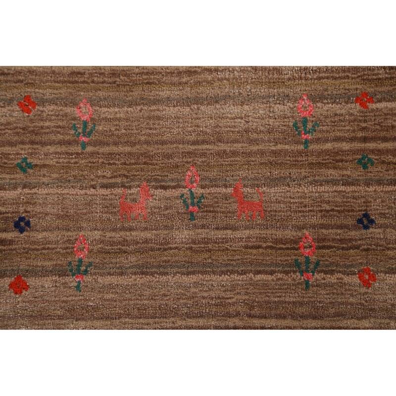 Striped Brown Gabbeh Oriental Area Rug Hand-Knotted Wool Carpet - 7'9" x 9'10"