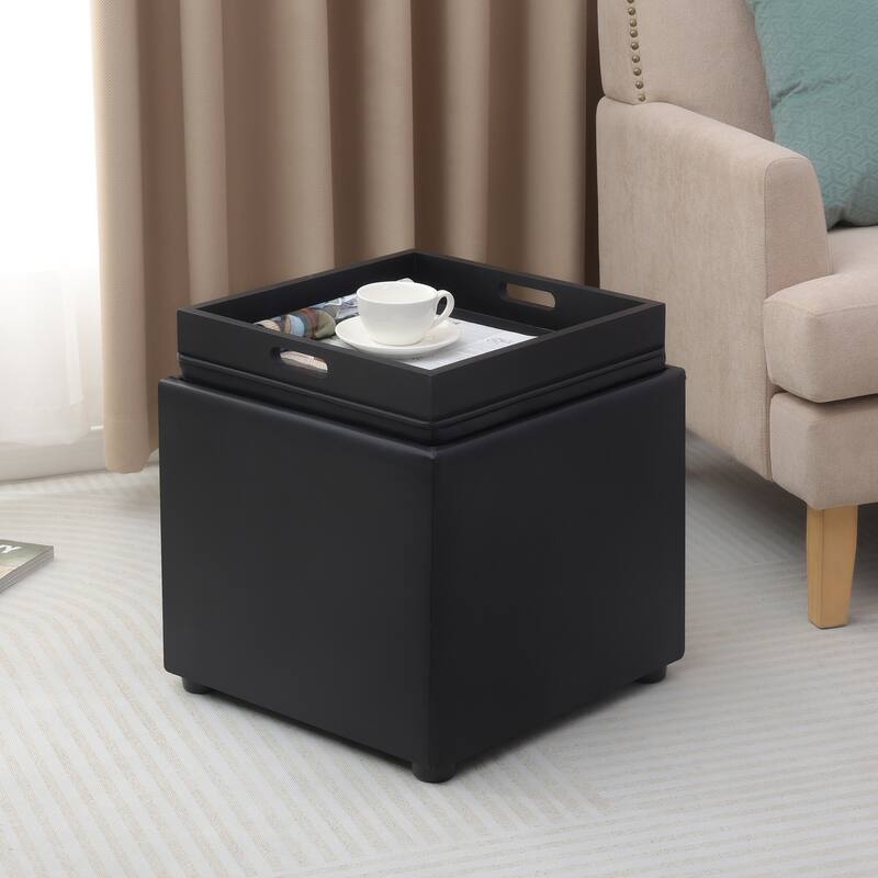 Adeco Storage Ottoman With Tray - Black-Faux-Leather
