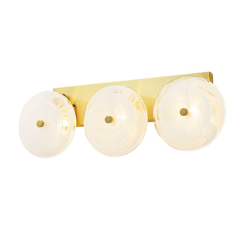 3-Light Mid-Century Modern Brushed Brass Vanity Light with Cloud-Textured Round Glass glass disc