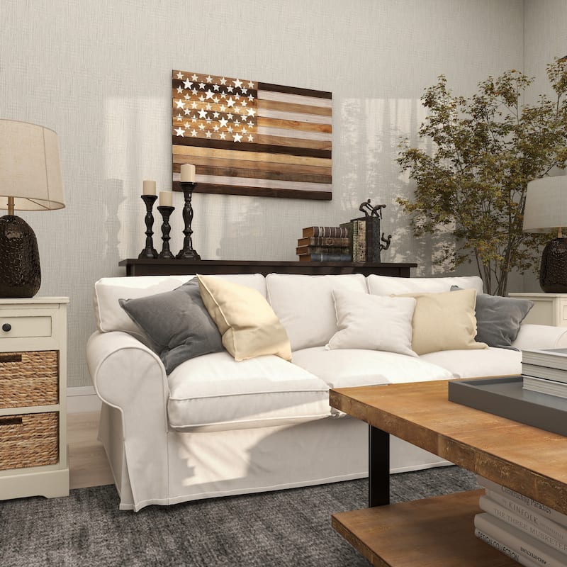 Brown Wood Handmade Washed American Flag Home Wall Decor with Slatted Panels and Cream Stars