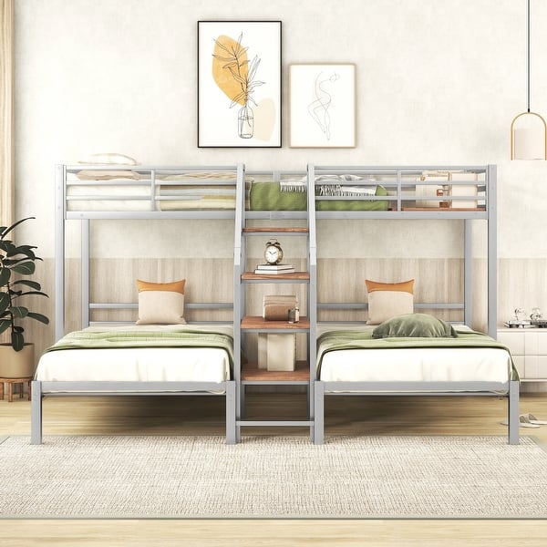 slide 2 of 12, Metal Twin over Twin Triple Bunk Bed with Storage Staircase, Silver