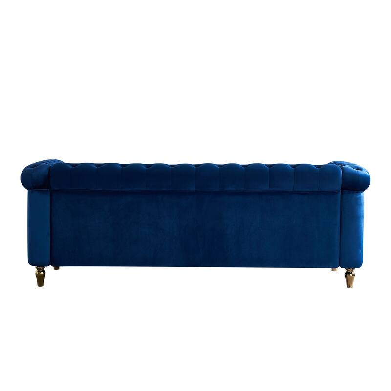 Velvet Chesterfield Sofa, 3-Seater with Rolled Arms, Tufted Back, Metal Legs for Living Room