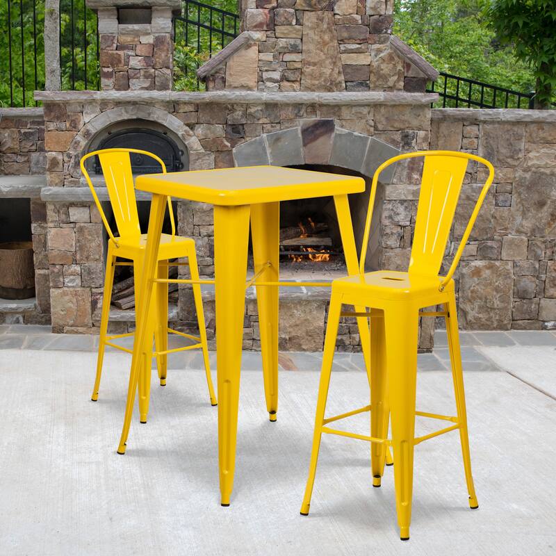 23.75'' Square Metal Indoor-Outdoor Bar Table Set with 2 Stools with Backs - 27.75"W x 27.75"D x 40"H - Yellow