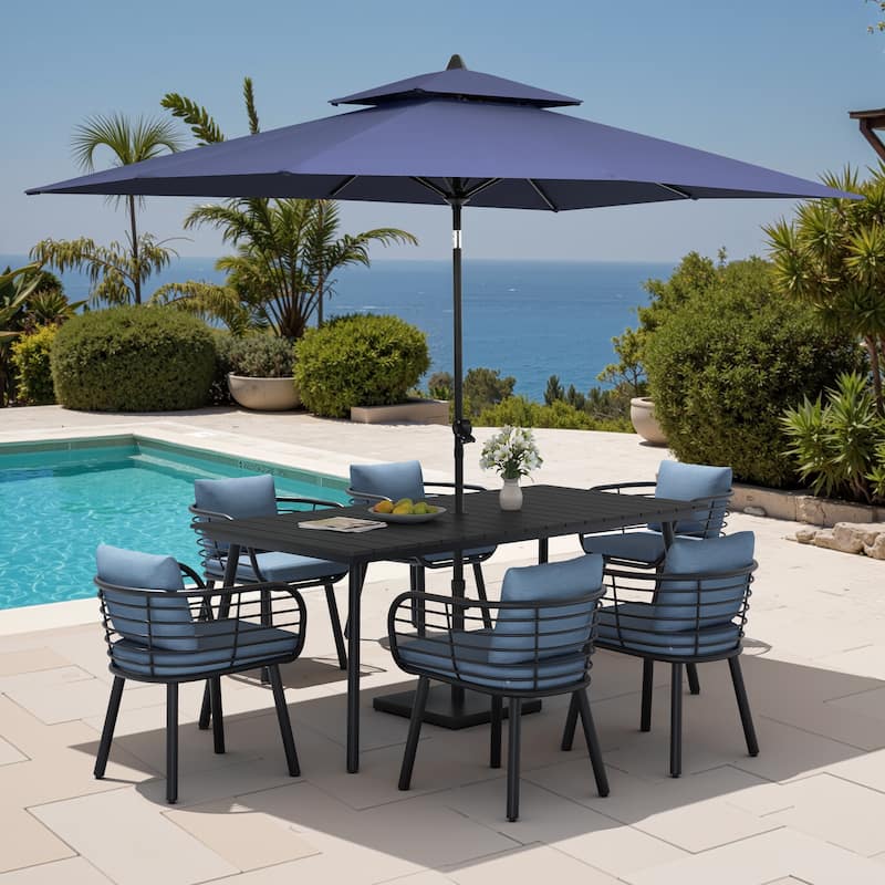 9PC Outdoor Patio Dining Set Aluminum Table with Sunbrella Cushion Chairs w/ Market Umbrella Sets