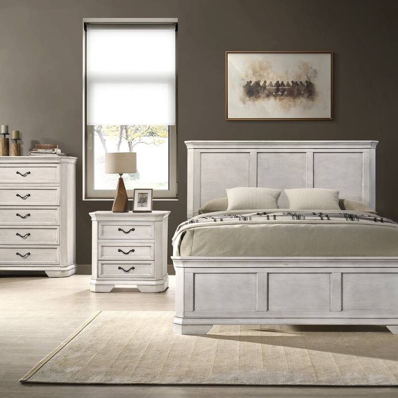 Roundhill Furniture Maderne Traditional Wood Panel Bed with Dresser, Mirror, Two Nightstands, Chest