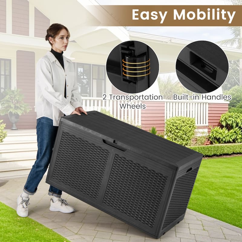 100 Gallon Outdoor Lockable Lid Deck Box with Wheels and Bench Seating for Patio Storage or Backyard Use