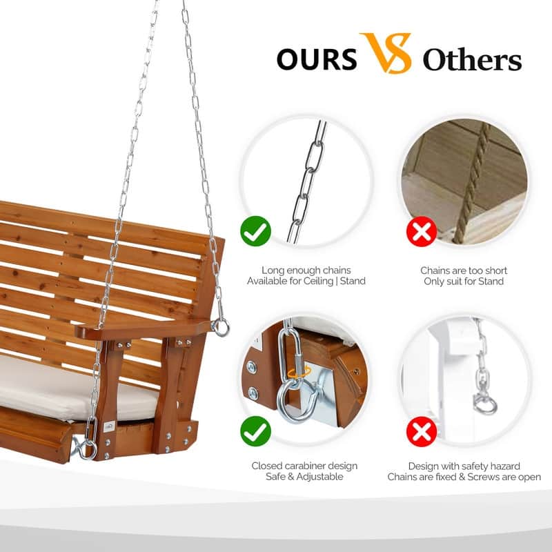 5 ft. 3-Person Wood Outdoor Porch Swing with Cushion - N/A