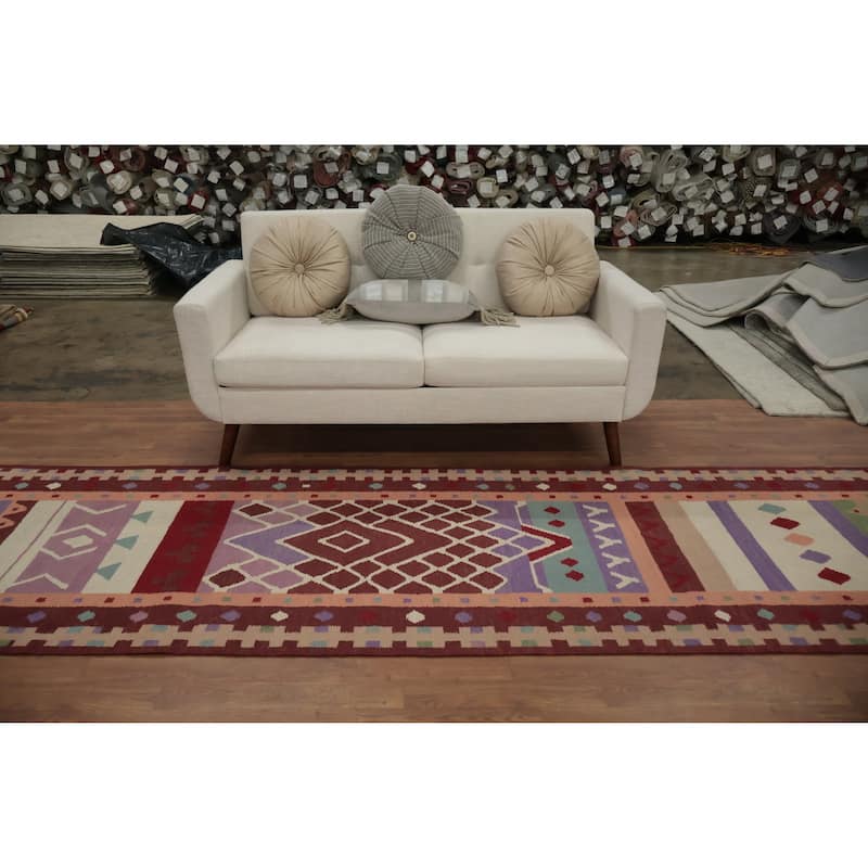 Hand Woven Oriental 100% Wool Carpet Southwestern Tribal Multi-Colored Kilim Runner Rug - 12' 10'' X 3' 3''