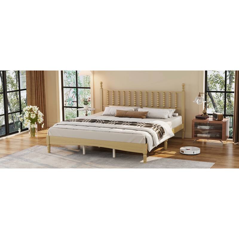 King Size Wood Platform Bed with Gourd Shaped Headboard,Retro Style Platform Bed with Wooden Slat Support, Natural
