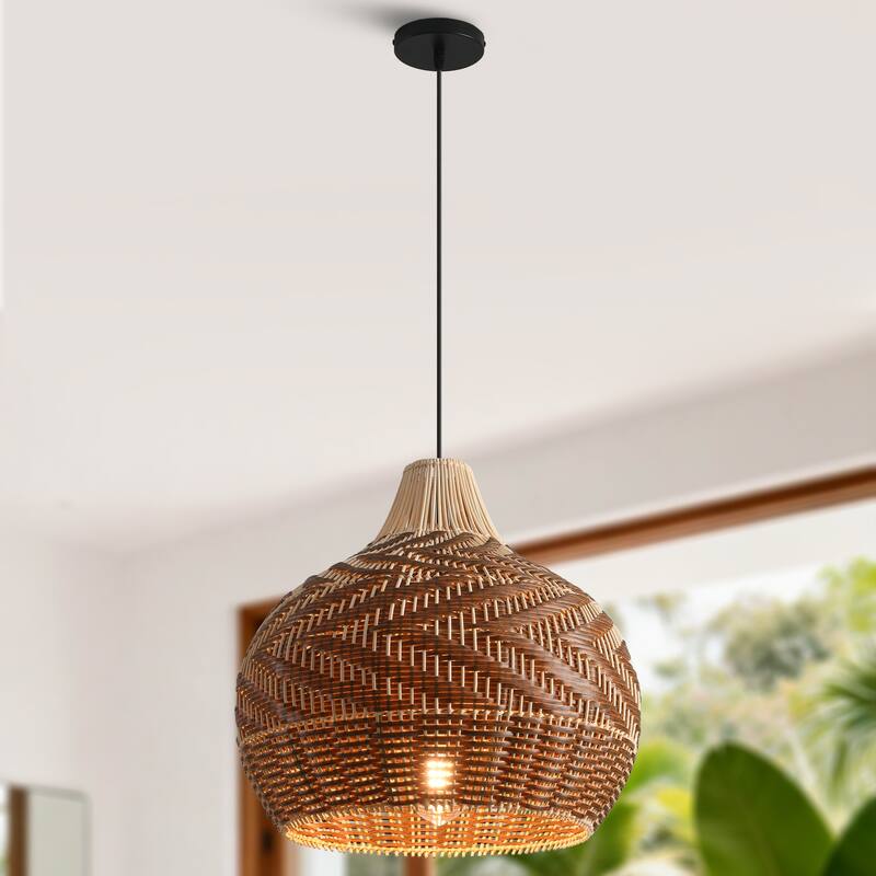 18.9" Farmhouse Natural Caged Handwoven Rattan Pendant Light - 18.9" D x 18.9" W x 62.99" H